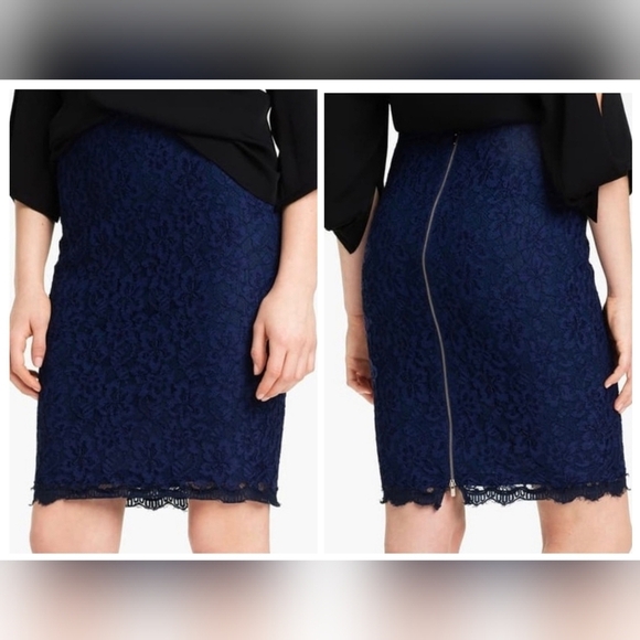 New DVF Diane Von Furstenberg Scotia Navy Blue Eyelash Lace Pencil Skirt Size 10 - Picture 1 of 10